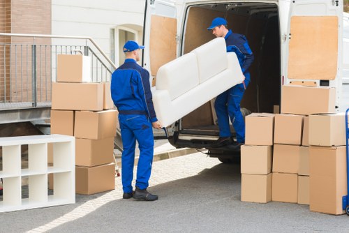 Professional helper unloading household items from a van